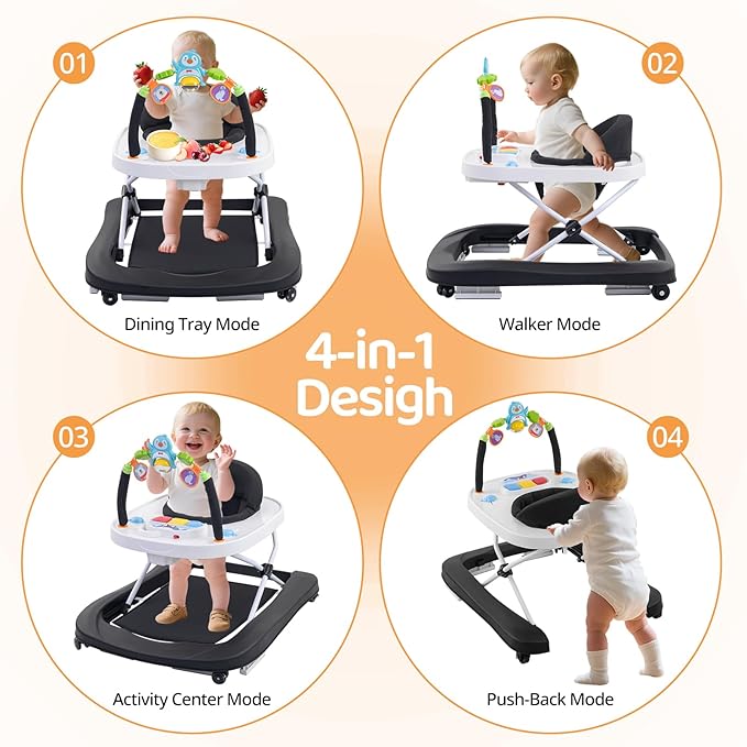 Baby Walker, Music & Removable Footrest with Toys, 3-Height Adjustable, Foldable 4-in-1 Activity Center for Infant and Toddler, Baby Walker for Baby Boy Girls 7–18 Months