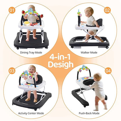 Baby Walker, Music & Removable Footrest with Toys, 3-Height Adjustable, Foldable 4-in-1 Activity Center for Infant and Toddler, Baby Walker for Baby Boy Girls 7–18 Months
