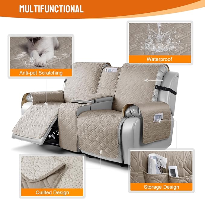 VANSOFY Loveseat Recliner Cover with Console 100% Waterproof Sofa Slipcovers Non-Slip Reclining Couch Cover Split Sofa Covers Furniture Protector for Pets, Dogs（Khaki）