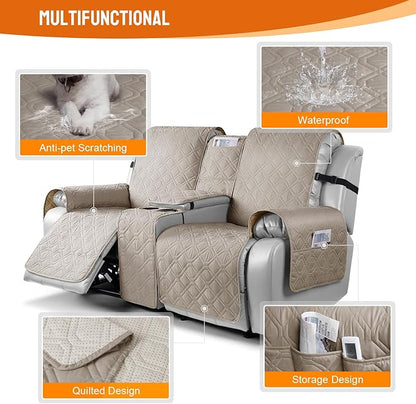 VANSOFY Loveseat Recliner Cover with Console 100% Waterproof Sofa Slipcovers Non-Slip Reclining Couch Cover Split Sofa Covers Furniture Protector for Pets, Dogs（Khaki）