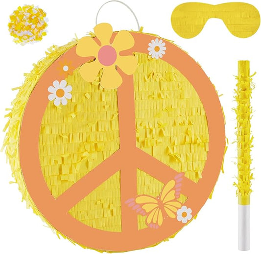12.9 Inch Groovy Retro Hippie Boho Pinata Hippie Boho Party Favors Peace Sign Two Groovy Pinata 60's 70's Hippie Party Pinata for Hippie Boho Groovy Flower Birthday Baby Shower Wedding