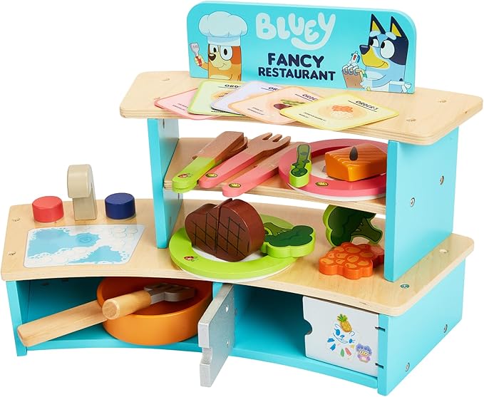 Bluey – Tabletop Restaurant – 32 Piece Wooden Roleplay Toy with Cutlery & Pretend Food Accessories for Kids – FSC-Certified Material – Fun Imaginative Kit for 3 Years and Up