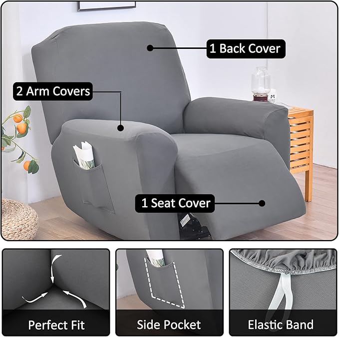 NILUOH Stretch Recliner Cover 4 Pieces Electric Power Lift Recliner Chair Cover Reclining Couch Cover Anti-Slip Fitted Furniture Protector with Side Pocket