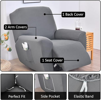 NILUOH Stretch Recliner Cover 4 Pieces Electric Power Lift Recliner Chair Cover Reclining Couch Cover Anti-Slip Fitted Furniture Protector with Side Pocket