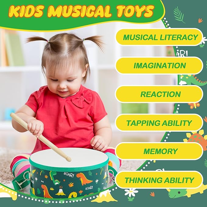 Boao 1 PC Kids Drum Set, 8 Inch Toddler Drum Wooden Toy with Adjustable Strap and 2 Drumsticks, Educational Sensory Musical Instrument for Toddlers Kid Baby Boys Girls Gift(Dinosaur)
