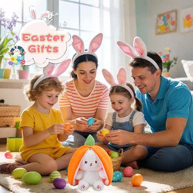 MIAODAM 13.7 inch Easter Bunny Stuffed Animal, Kawaii Squishy Cute Easter Bunny Plush Turn Into Rabbit Fruit Doll Carrot Strawberry Pillow, Plushies Funny Bunny Toy for Baby