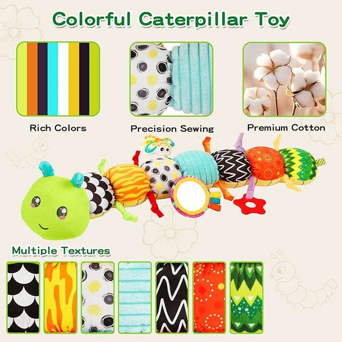 Baby Toys Musical Caterpillar for 0-12 Months, Infant Stuffed Animal with Mirror, Crinkle & Rattle, Tummy Time Toy for Newborn 3 6 9 12 18 Months, Baby Shower Gifts for Boys and Girls