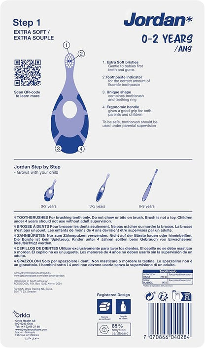 Jordan* ® | Step 1 Baby Toothbrush | 0-2 Years, Soft Bristles, BPA Free | Pink & Purple | 4 Pack