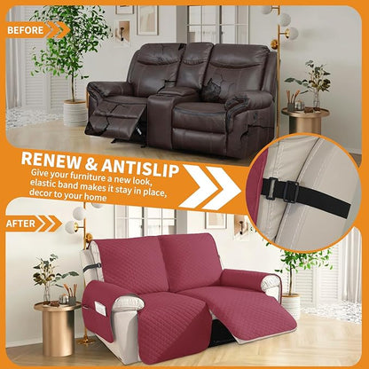 XINEAGE Water Resistant Recliner Cover, 2 seat Recliner Loveseat Covers with Pockets, Quilted Thick Recliner Protector Cover for Dog Pets with Non Slip Backing and Strap (Recliner Loveseat, Red)