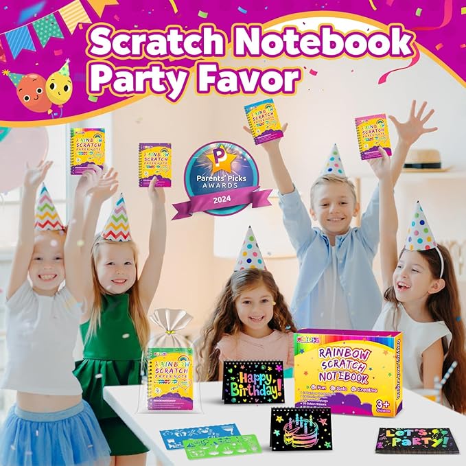 pigipigi Party Favor Toy for Kids: 24 Pack Rainbow Art Scratch Notebook, Colorful Craft Scribble Paper Magic Black Drawing Pad kit, Activity Gift Set for Girl Boy Children Birthday Christmas