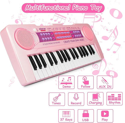 Kids Piano Keyboard Toys, 37 Keys Music Keyboard Piano for Kid with Microphone, Learning Educational Toddler Keyboard Toys for Kids Ages 3-8 (Pink)