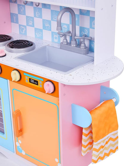 Lil' Jumbl Kids Kitchen Set, Pretend Wooden Play Kitchen with Chalk Board, Play Phone, Towel Rack & Ice Dispenser, Clicking Knobs, Pots & Utensils Included - Colorful