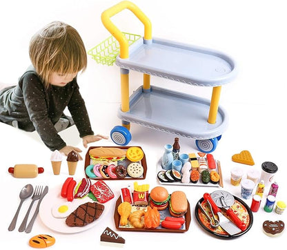 Kids Food cart Toy Sets,Kids Role Play Large Dining car Toys and 98pcs Food, Kitchen, Tableware Accessories., Educational Toys for 3+ Years Boys/Gir