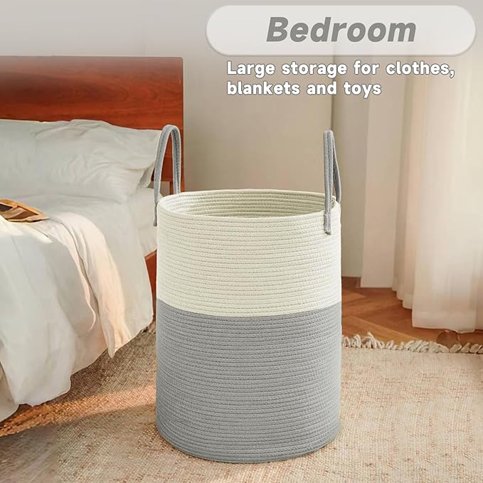 JMvicyroam Large Woven Laundry Basket Hamper,60L Cotton Rope Storage Bin for Blankets,Toys and Clothes,Decorative Tall Nursery Hamper for Living Room,Baby Nursery,Bathroom and Bedroom,White and Grey