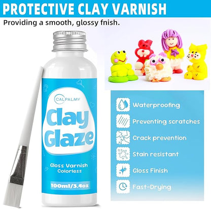 CALPALMY 100ml Gloss Air Dry Clay Glaze with 29pcs Clay Tools Kit – Clay Varnish Sealant for Surface Protection, Pottery and Sculpting Tools for Carving, Shaping, and Molding Crafts