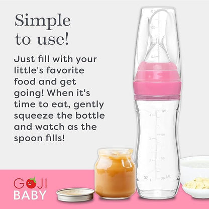 4 oz Silicone Baby Food Dispensing Spoon - 4 Pack - Great for 4+ Month Infants - Includes Stopper - Easy to Use and Mess-Free - Precise Food-Release Feeder - Great for Travel (Pink