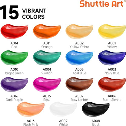 Shuttle Art Acrylic Paint Set, 15 x 12ml Tubes Artist Quality Non Toxic Rich Pigments Colors Perfect for Kids Adults Beginners Artists Painting on Canvas Wood Clay Fabric Ceramic Crafts