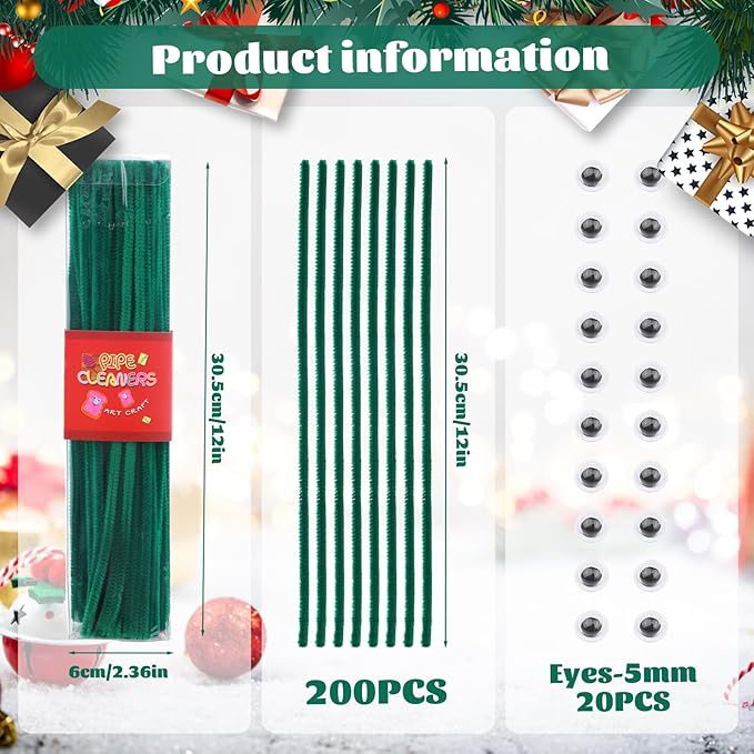 LOKUNN Pipe Cleaners, 200 Pcs Dark Green Pipe Cleaners Craft Set, Solid Color Chenille Stems, DIY Arts and Crafts with Adhesive Eyes and Storage Box, Christmas Halloween Decoration Art Supplies