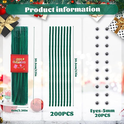 LOKUNN Pipe Cleaners, 200 Pcs Dark Green Pipe Cleaners Craft Set, Solid Color Chenille Stems, DIY Arts and Crafts with Adhesive Eyes and Storage Box, Christmas Halloween Decoration Art Supplies