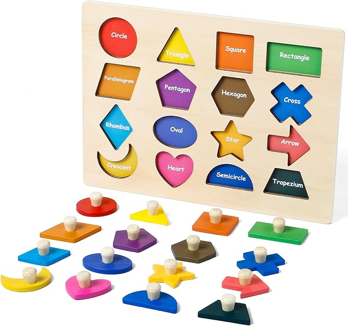 Shape Puzzles Wooden Puzzles for Toddlers, Peg Puzzle Educational Shape Sorter Toys Wooden Shape Board Puzzles, Preschool Learning Educational Toy for Baby Girls Boys