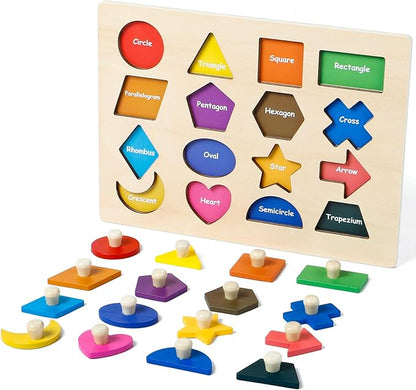Shape Puzzles Wooden Puzzles for Toddlers, Peg Puzzle Educational Shape Sorter Toys Wooden Shape Board Puzzles, Preschool Learning Educational Toy for Baby Girls Boys