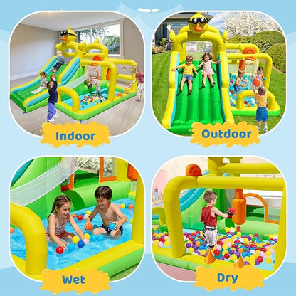 Baralir Duck-Themed Inflatable Bounce House with Extra Wide Slide & Climbing Wall, Basketball Hoop, Ring Toss, Punching Bag, 2-in-1 Splash Pool/Ball Pit - Indoor/Outdoor Jumping Castle for Toddlers
