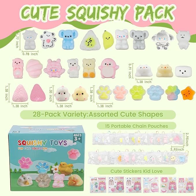 28pcs Squishy Pack,Fidget Toys Kit,Include taba Squishies Party Favors for Kids 4-8 8-12 Treasure Box Toys for Classroom Birthday Xmas Gifts Goodie Bag Stocking Stuffers for Teens (28pcs)