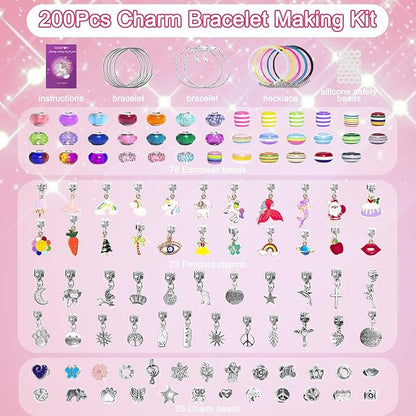 Redtwo 200 Pcs Charm Bracelet Making Kit, Friendship Jewelry Making Supplies Unicorn/Mermaid/Birthday Gifts Toys for Teen Girls Age 4 5 6 7 8 9 10 12 Year Old, Arts Crafts for Kids Ages 8-12