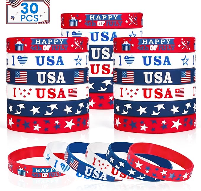 Genuvi 4th of July Patriotic Rubber Bracelets USA American Flag Wristbands Red White and Blue Silicone Bracelet for Independence Day Party Favors for Kids Teens School Classroom Prizes Gifts 30 PCS