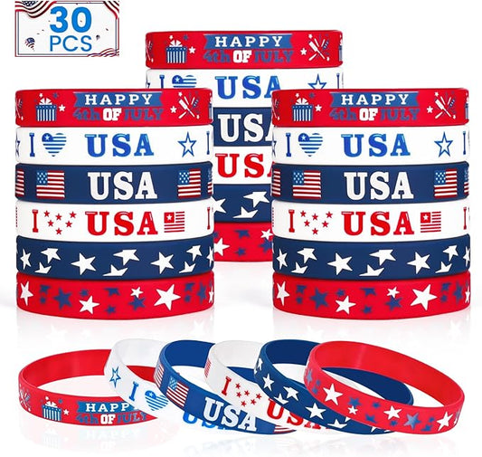 Genuvi 4th of July Patriotic Rubber Bracelets USA American Flag Wristbands Red White and Blue Silicone Bracelet for Independence Day Party Favors for Kids Teens School Classroom Prizes Gifts 30 PCS