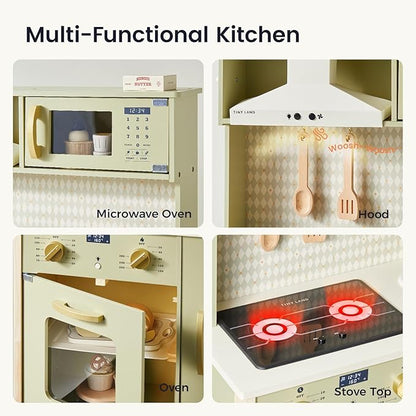 Tiny Land Play Kitchen for Kids, Wooden Farmhouse Kitchen Playset Chef Pretend Play Set for Toddlers w/Real Lights & Sounds, Toys Kitchen with 18 Pcs Toy Food & Cookware Accessories, Sage Green