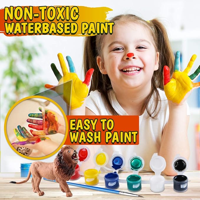 FUNZBO Safari Animals Figures Paint Set for Kids, Arts and Crafts Supplies Painting Kit for Kids Ages 4-8, Zoo Jungle Animals Figurines Toy & Playsets for Toddlers 1-3 Boys Girls Easter Birthday Gift