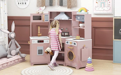 TaoHFE Play Kitchen with Lights and Sounds Pink Kids Kitchen Toddler Kitchen Set with Washer Chalkboard Wooden Kitchen Kids Playset with Washing Machine Range Hood Girls Boys Gift for Ages 3+