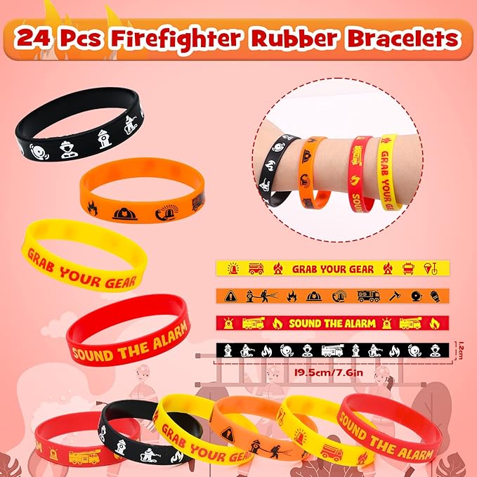 Lorfancy 98 Pcs Firefighter Party Favors Supplies Kids Firefighter Slap Bracelets Rubber Silicone Wristbands Fire Truck Stickers Toddler Fireman Party Supplies Goodie Bag Fillers Gifts for 3 4 5 6 7 8