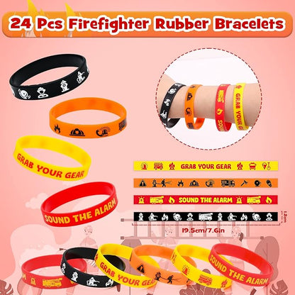 Lorfancy 98 Pcs Firefighter Party Favors Supplies Kids Firefighter Slap Bracelets Rubber Silicone Wristbands Fire Truck Stickers Toddler Fireman Party Supplies Goodie Bag Fillers Gifts for 3 4 5 6 7 8