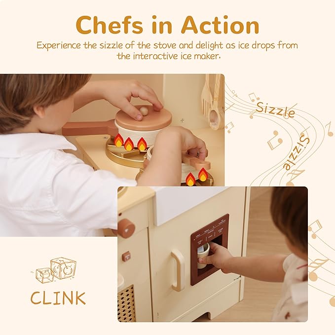 Play Kitchen for Kids, Wooden Play Kitchen Set with Realistic Features, Small Play Kitchen Toy Designed Ideal for Toddlers, for Ages 3+