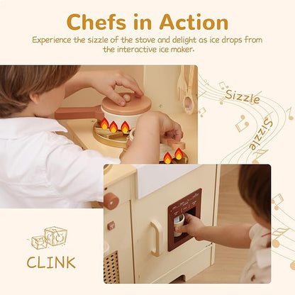 Play Kitchen for Kids, Wooden Play Kitchen Set with Realistic Features, Small Play Kitchen Toy Designed Ideal for Toddlers, for Ages 3+