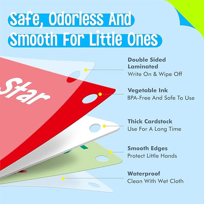 50 PCS First Word Flashcards, Double Sided Learning Cards Alphabet, Foods, Animals, Shapes, Colors, Vehicle, Body Parts with 2 Reclosable Rings, Learning Tool for Pre-K Kindergarten Toddlers