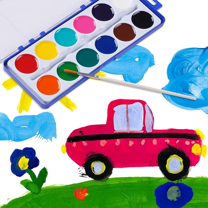 12 Colors Watercolor Paint Set for Kids, 24 Pack Washable Water Colors for Party Favors, Gifts, Classroom Supplies (Wood Brushes Included)
