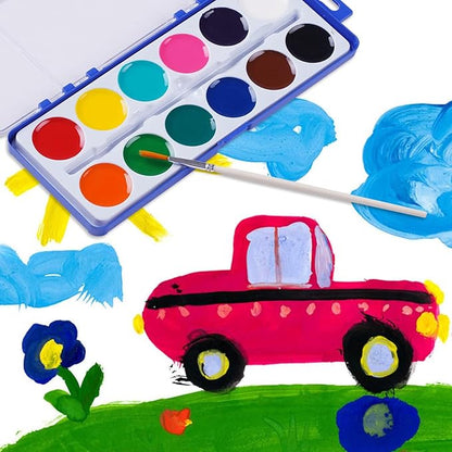 12 Colors Watercolor Paint Set for Kids, 24 Pack Washable Water Colors for Party Favors, Gifts, Classroom Supplies (Wood Brushes Included)