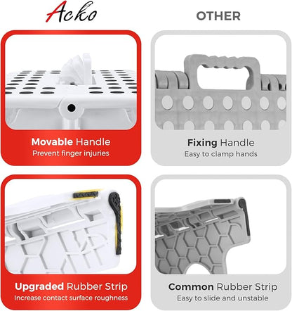 ACKO Folding Step Stool Foldable 16 Inch Stool 400 lbs Capacity,Plastic Stools for Adults and Kids,Collapsible Stool for Kitchen, Stepping Stool with Handle(White)