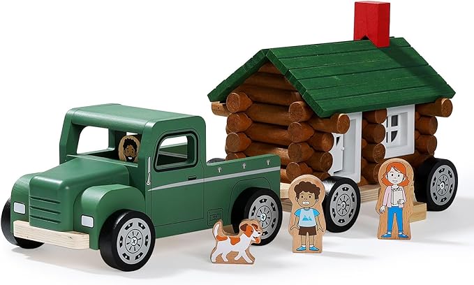 SainSmart Jr. Wooden Truck Building Playset for Kids, Vintage Camper RV Compatible with Lincoln Logs, STEM Educational Toy, Perfect Retro Gift for Ages 3+