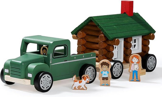 SainSmart Jr. Wooden Truck Building Playset for Kids, Vintage Camper RV Compatible with Lincoln Logs, STEM Educational Toy, Perfect Retro Gift for Ages 3+