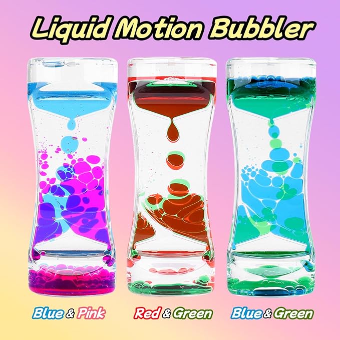 Oneshow Liquid Motion Bubbler Timer Oil Hourglass Water Timers Fidget Toy Sensory Toys for Kids Activity Gifts 3 Pack-Red&Green,Blue&Pink,Blue&Green