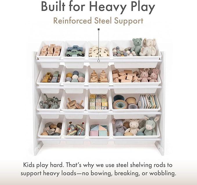 Humble Crew Toy Storage Organizer with 16 Removable Storage Bins for Kids Playroom, 4-Tier Toddler Toy Organization and Storage, White/White