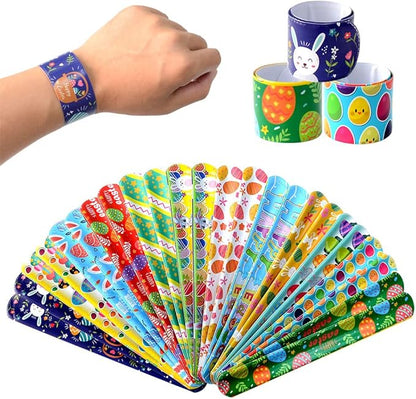 48Pcs Easter Party Favors Easter Slap Bracelets Rubber Wristbands Assorted Easter Egg Fillers Gifts for Kids Girls Boys Easter Basket Stuffers