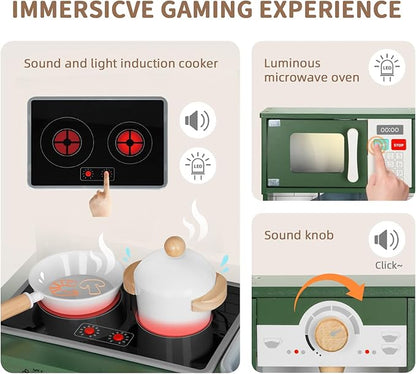 Kids Kitchen Playset for Toddlers 3-5 Years, Wooden Play Kitchen for Toddlers with Coffee Maker, Microwave, Dishwasher and Washing Machine