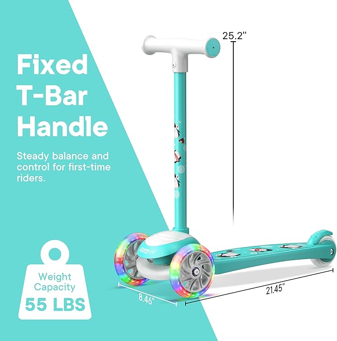 3 Wheel Scooter for Kids, Smooth Light Up LED Front Wheels, Wide Anti Slip Deck, Rear Foot Brake, Easy Lean to Steer Maneuvering, Indoor & Outdoor Ride On Toys for Ages 2 Up,