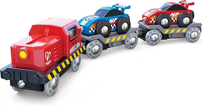 Hape Race Car Transporter | Six-Piece Wooden Toy Train Car Transport Set for Kids