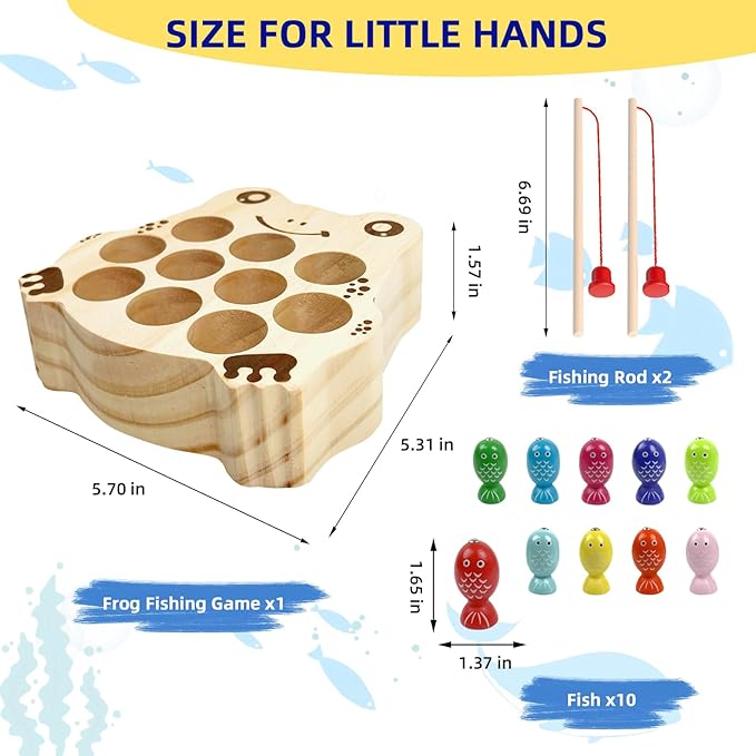 Wooden Magnetic Fishing Game for Toddlers 1-3, Frog Fishing Color Sorting Montessori Sensory Preschool Educational Learning Fine Motor Skills Toys for 3 4 5 Years Old Boys Girls